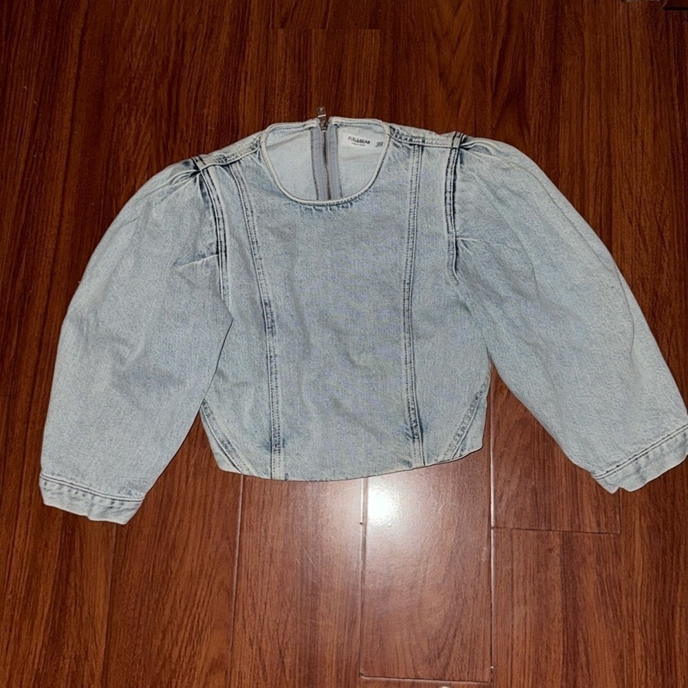 ASOS Pull And Bear Acid Wash 80's Style Puff Sleeve Cropped Denim Top size S - Picture 2 of 9